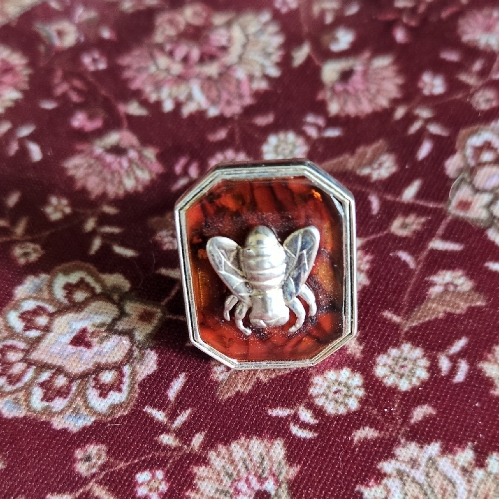 Silver Bee Ring with Red Enamel